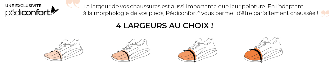 La largeur des chaussures est aussi importante que leur pointure. En l'adaptant à la morphologie de vos pieds, Pédiconfort vous permets d'être parfaitement chaussée ! 4 largeurs au choix : Largeur confort, grande largeur, extra large et ultra large